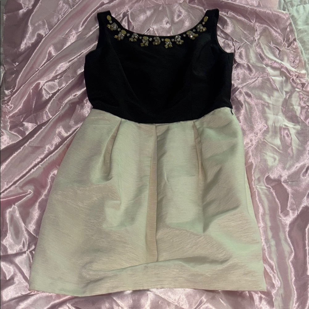 Elegant Black and Cream Dress with Embellished Neckline